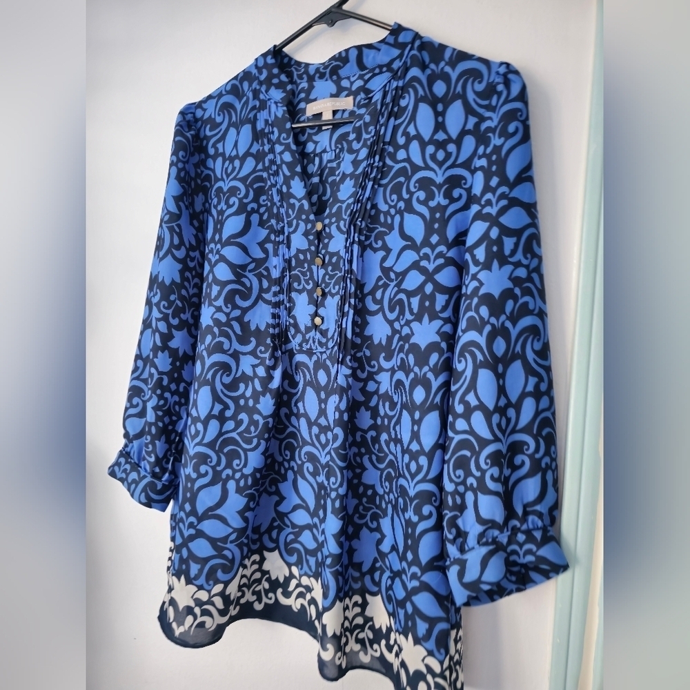 Banana Republic Blue Damask Print Popover Top Blouse Small - Picture 4 of 13